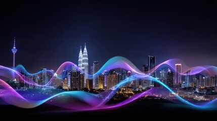 Futuristic cityscape at night with glowing lines.