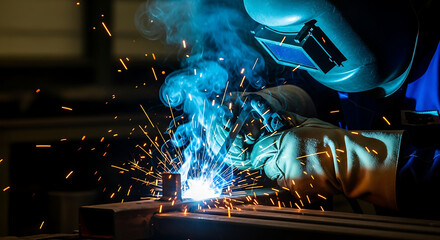 Welder wearing a protective mask working with metal, creating bright blue sparks and smoke in a workshop environment.