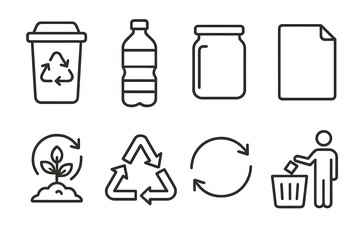 Recycling icons: trash bin, bottle, jar, paper, cycle arrows, compost, disposal