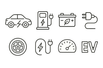 Electric vehicle icons: car, charging, battery, plug, and dashboard symbols