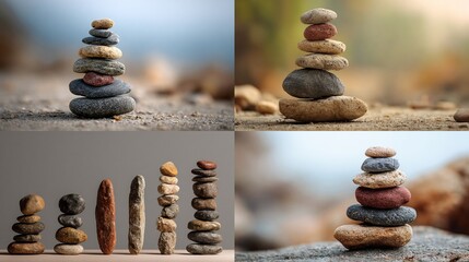 Stacked stones in various outdoor settings, showcasing balance and harmony