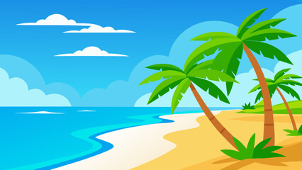 Vibrant 2D Cartoon Illustration of a Pristine Tropical Paradise Scene