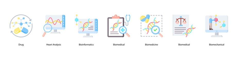 Fototapeta premium Biomedical innovation web banner icon vector illustration showing Drug, Heart Analysis, Bioinformatics, Biomedical, Biomedicine, Biomedical, and Biomechanical.