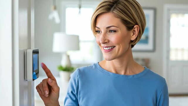 Woman adjusting modern smart home thermostat on wall. Smart home technology, energy saving and modern lifestyle concept for banner. Horizontal banner