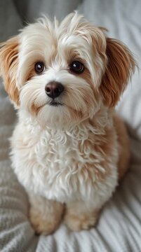 Cute fluffy dog with expressive eyes looking up. Cute small dog with fluffy curly fur indoors, small dog portrait, small dog indoor pet