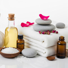 Fototapeta premium spa still life with stones and towel. spa and wellness setting. spa still life with essential oils. Spa treatment ingredients on folded towels and stones.