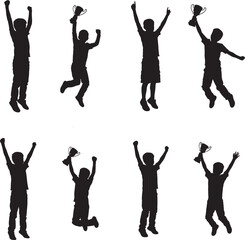 Group of diverse people celebrating victory with trophies silhouette
