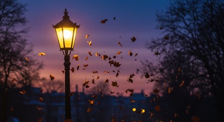 Street lamp illuminating autumn leaves blowing in the evening air  