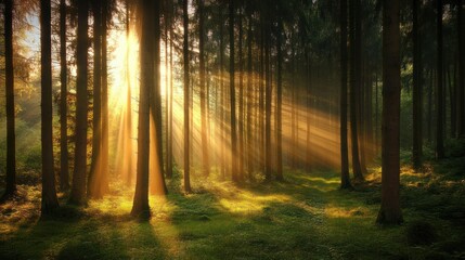 Obraz premium Golden sunlight streams through a misty forest