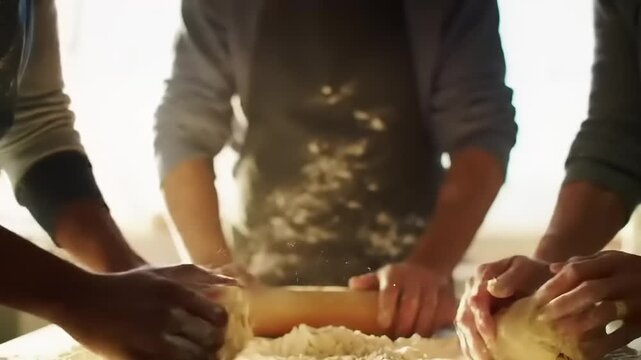 Hands kneading dough in a sunlit kitchen, flour scattered, creating a warm baking atmosphere