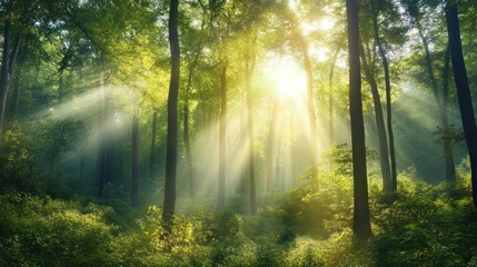 Obraz premium Sunlight streams through a lush forest