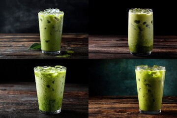 Four images showcasing iced matcha lattes in tall glasses, each with ice cubes, on rustic wooden surfaces against varied dark backgrounds.  Slight variations in lighting and presentation are visible