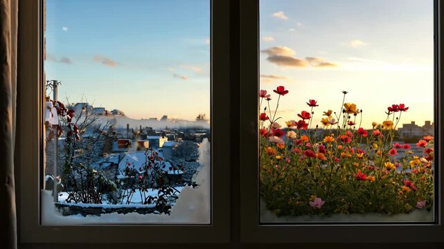 Window showing transition from frosty winter view to sunny summer meadow. Change of seasons, climate change and hope concept for banner. Horizontal banner