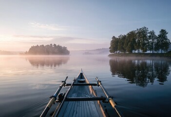 Serene sunrise view from a rowing boat on a calm lake, mist shrouding the distant shores and trees, reflecting in the still water