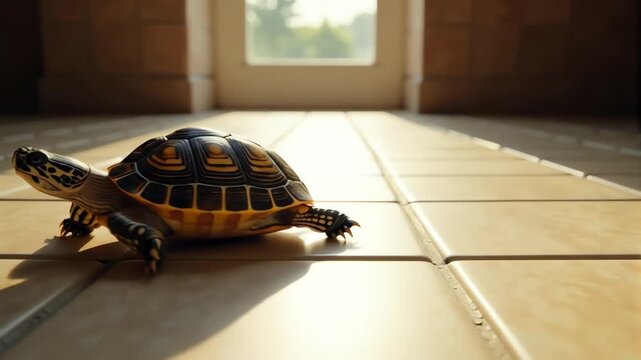 Tortoise walking on tiled floor in bright indoor environment  
