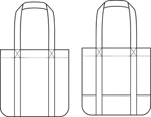  Blank canvas tote bag flat sketch, front and back views, reusable shopper, eco-friendly accessory, customizable template, promotional item, fashion design, basic carry-all, sustainable.