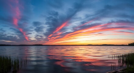 Heavenly Hues The Lake at Sunrise and Sunset, Eternal Summer Blue Skies and Fiery Clouds at the Lake