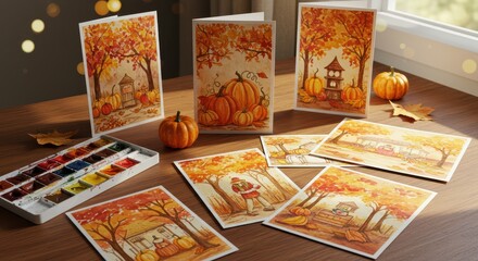 Obraz premium Handmade autumn greeting cards displayed on wooden table with pumpkins 