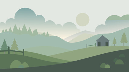 Experience a peaceful foggy morning in the countryside evoking serene and calm feelings