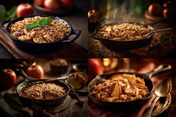 Delightful images showcase a warm apple crisp with a crumb topping, baked in a cast iron skillet