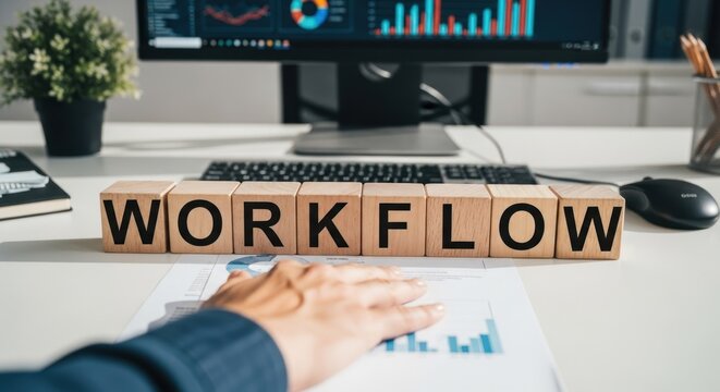 Workflow" wood blocks sit atop graph report with desktop computer background