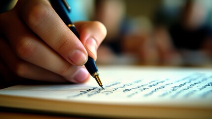 Close up of a student's hand writing notes with a pen in a notebook during class, highlighting the dedication to learning and the pursuit of knowledge in an academic environment