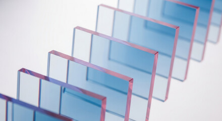 Several transparent blue glass panels with pink edges are arranged in a diagonal pattern