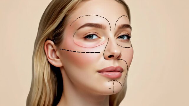 Profile of young woman with surgical markings on her face. Plastic surgery, cosmetology and beauty enhancement concept for banner. Vertical banner