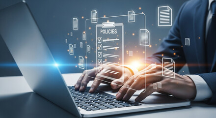 Person typing on laptop with digital policies and documents overlayed on the screen and hands view