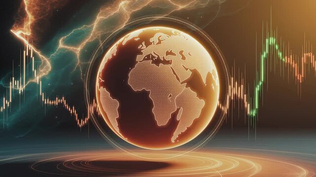 Glowing Globe with Financial Graphs and Lightning Symbol of Global Economic Dynamics and Glowing Globe with Financial Charts and Lightning