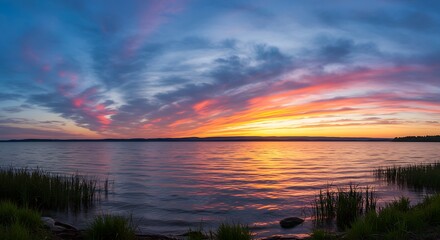 Golden Reflections A Summer Sunset Over the Lake, Dawn’s Embrace Sunrise Panorama Across Tranquil Waters