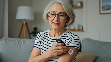 Senior woman with glasses checking blood sugar level with glucose meter, sensor on her arm. Diabetes management, healthcare and modern medical technology for elderly concept. Horizontal banner