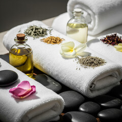 spa still life with stones and towel. spa and wellness setting. spa still life with essential oils. Spa treatment ingredients on folded towels and stones.