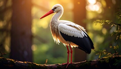 Stork in a sunlit forest