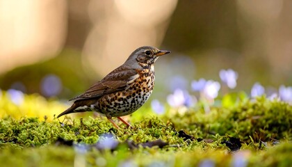 A small songbird perched on mossy ground, surrounded by wildflowers. Soft focus background
