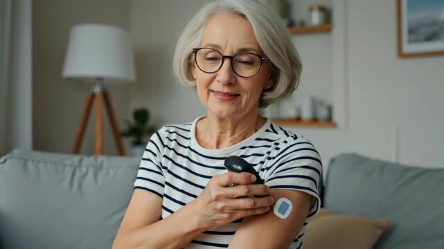 Senior woman with glasses checking blood sugar level with glucose meter, sensor on her arm. Diabetes management, healthcare and modern medical technology for elderly concept. Horizontal banner