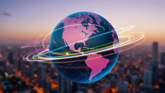 Glowing and Vibrant Digital Globe with Neon Rings and Light Trails Orbits Above Cityscape at Dusk, Symbolizing Global Connectivity and Orbit