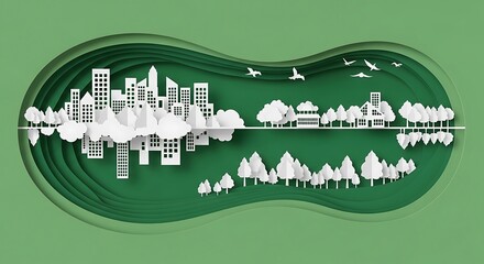 Cityscape and nature layered design in green and white.