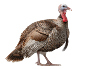 Wild turkey walking gracefully in a natural habitat setting. Isolated on transparent background, png.