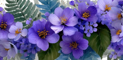 Purple and lavender tropical flowers with watercolor leaves and soft textures on a white background in artistic floral design Generative AI