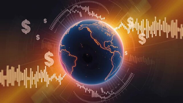 Glowing Earth and Globe with Dollar Symbols, Sound Waves, and Financial Graphs Represent Global Finance, Economy, and Currency Trends