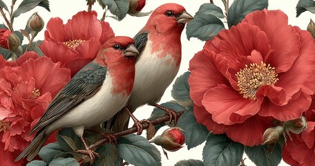 Two red and white songbirds perched on a branch surrounded by large blooming red flowers and green leaves in botanical artwork Generative AI