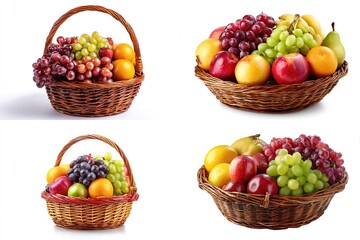 Four images showing different fruit baskets filled with grapes, apples, oranges, bananas, & pears