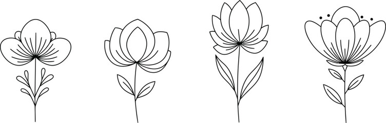 Fototapeta premium Hand-Drawn Flower Vector Set – Minimalist Black Outline Illustrations