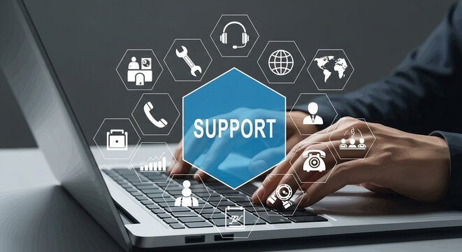 Person typing on a laptop with support icons displayed above the keyboard in a dark setting view