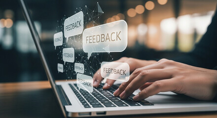 Person typing on a laptop with feedback messages displayed on the screen in speech bubbles