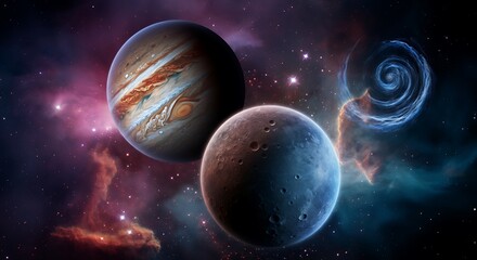 Obraz premium Spectacular Deep Space Exploration with Gas Giant Jupiter and a Rocky Moon Against a Nebula Filled Starfield