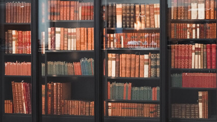 Aged books lined up on rustic wooden bookshelves in an old library interior