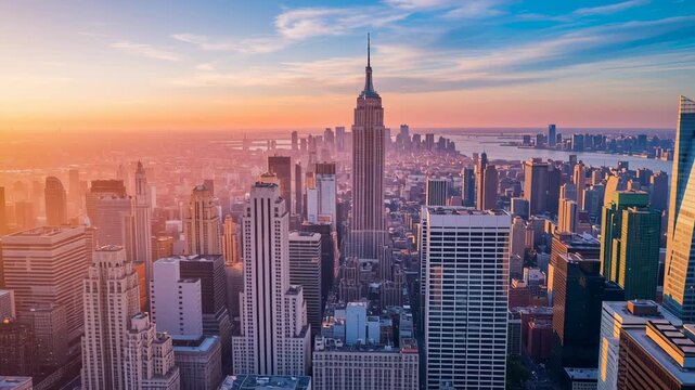 Aerial View of Vibrant Urban Cityscape with Skyscrapers and Financial Graphs at Sunset, Symbolizing Economic Growth and Modern Buildings