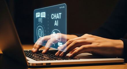 Hands typing on a laptop with a chat ai interface overlay displayed on the screen in the foreground